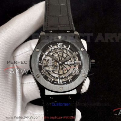 Perfect Replica Hublot Classic Fusion Black Steel Case Black Roman Hollow Face 45mm Watch